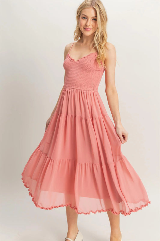 Dusty Pink Chiffon Tiered Midi Dress