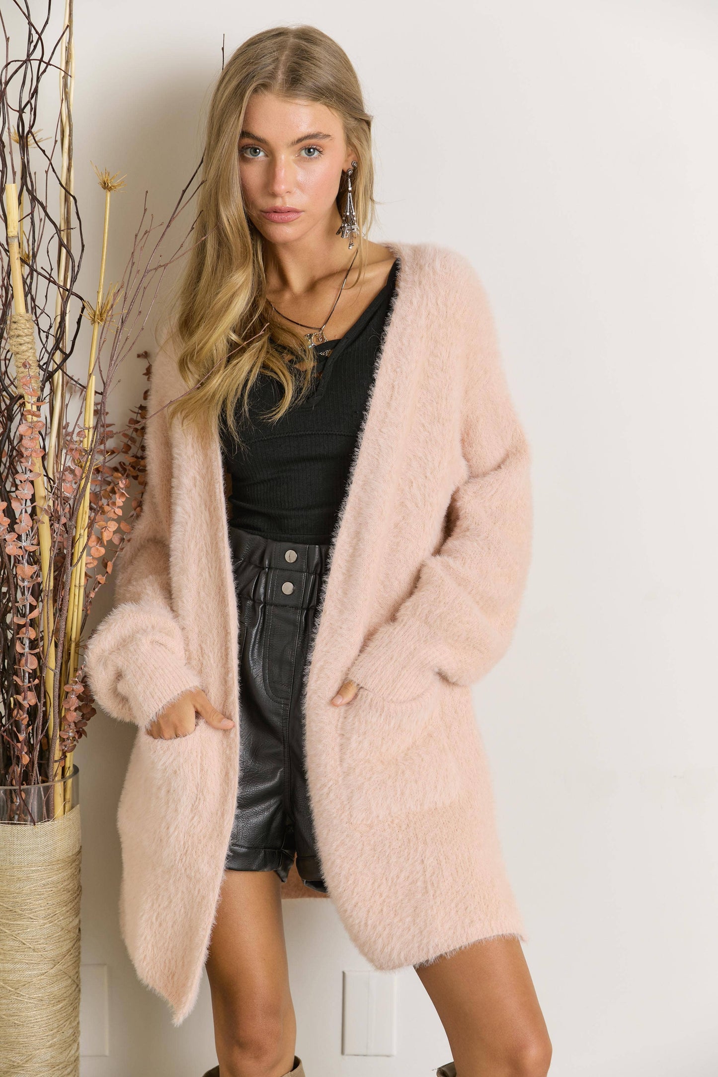 Pink Fuzzy Open Cardigan
