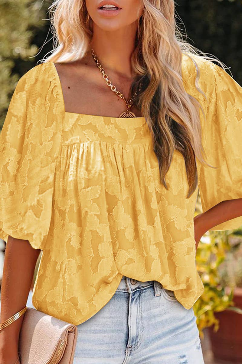 Yellow Square Neck Pattern Blouse