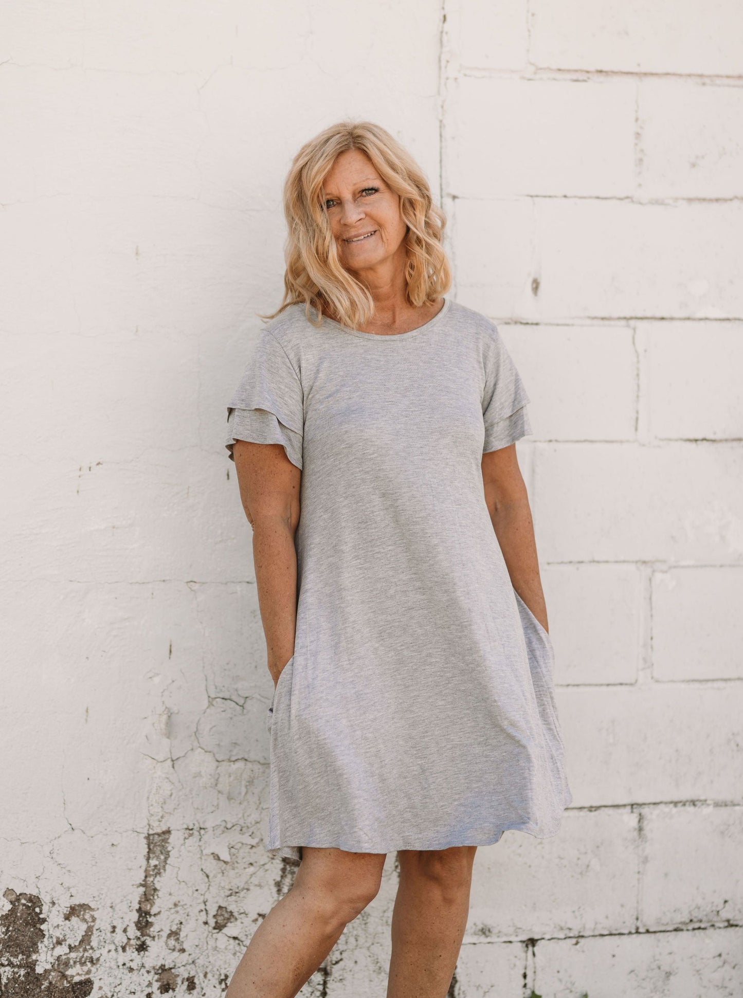 RUFFLED SLEEVE SOLID DRESS