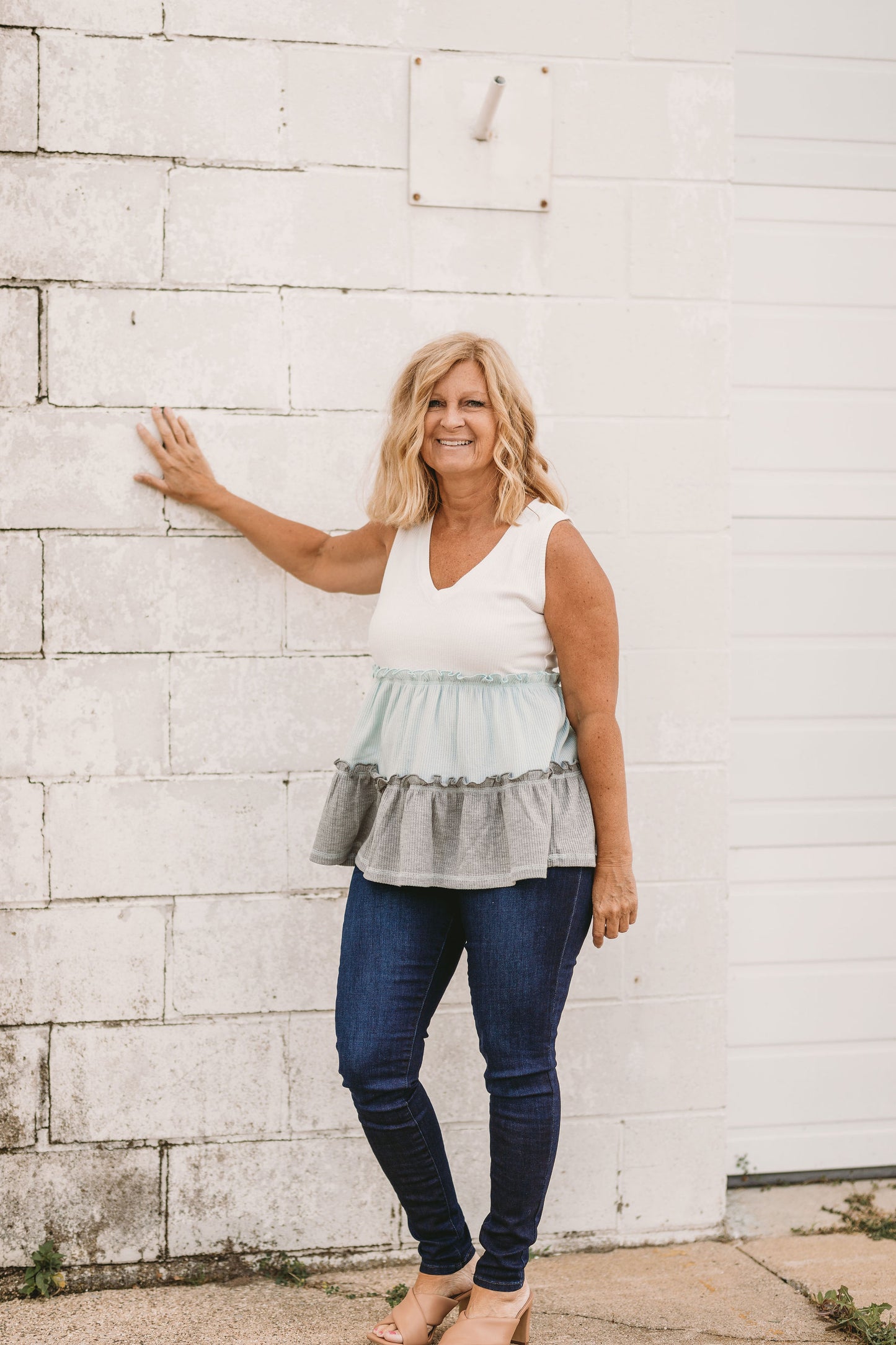 Green Ruffled V Neck Color Block