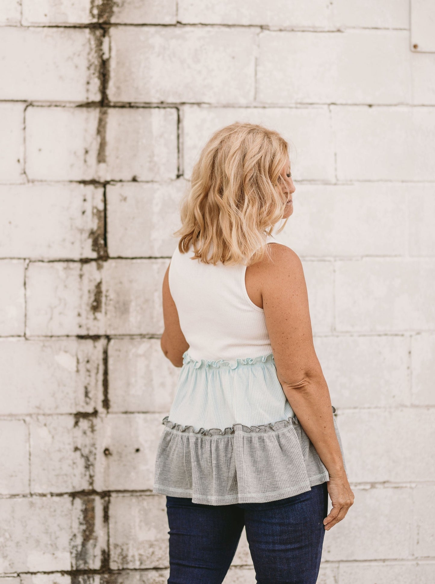 Green Ruffled V Neck Color Block