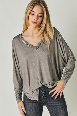 Solid V Neck Long Sleeve