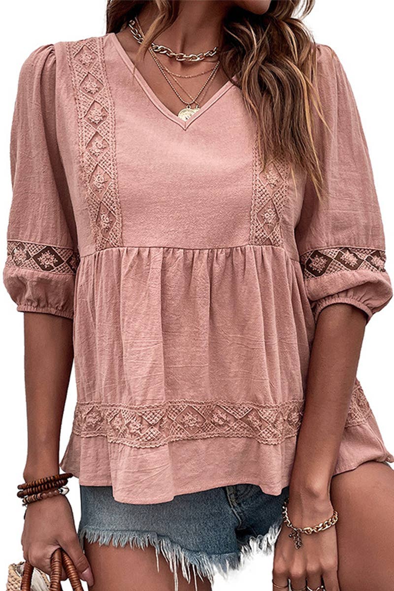 Pink V-Neck Ruffle Blouse