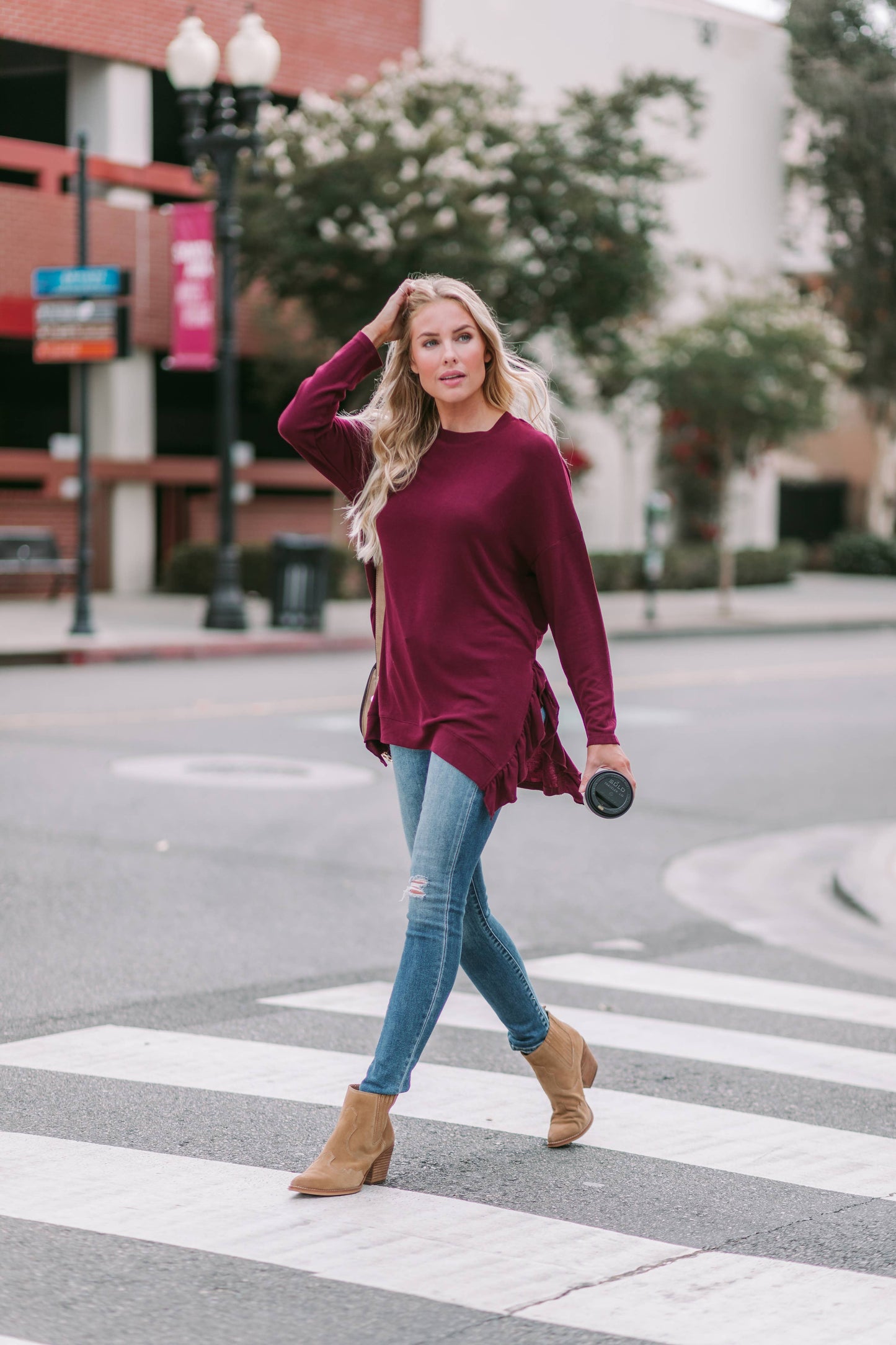 Ruffle Side Slit Long Sleeve Top