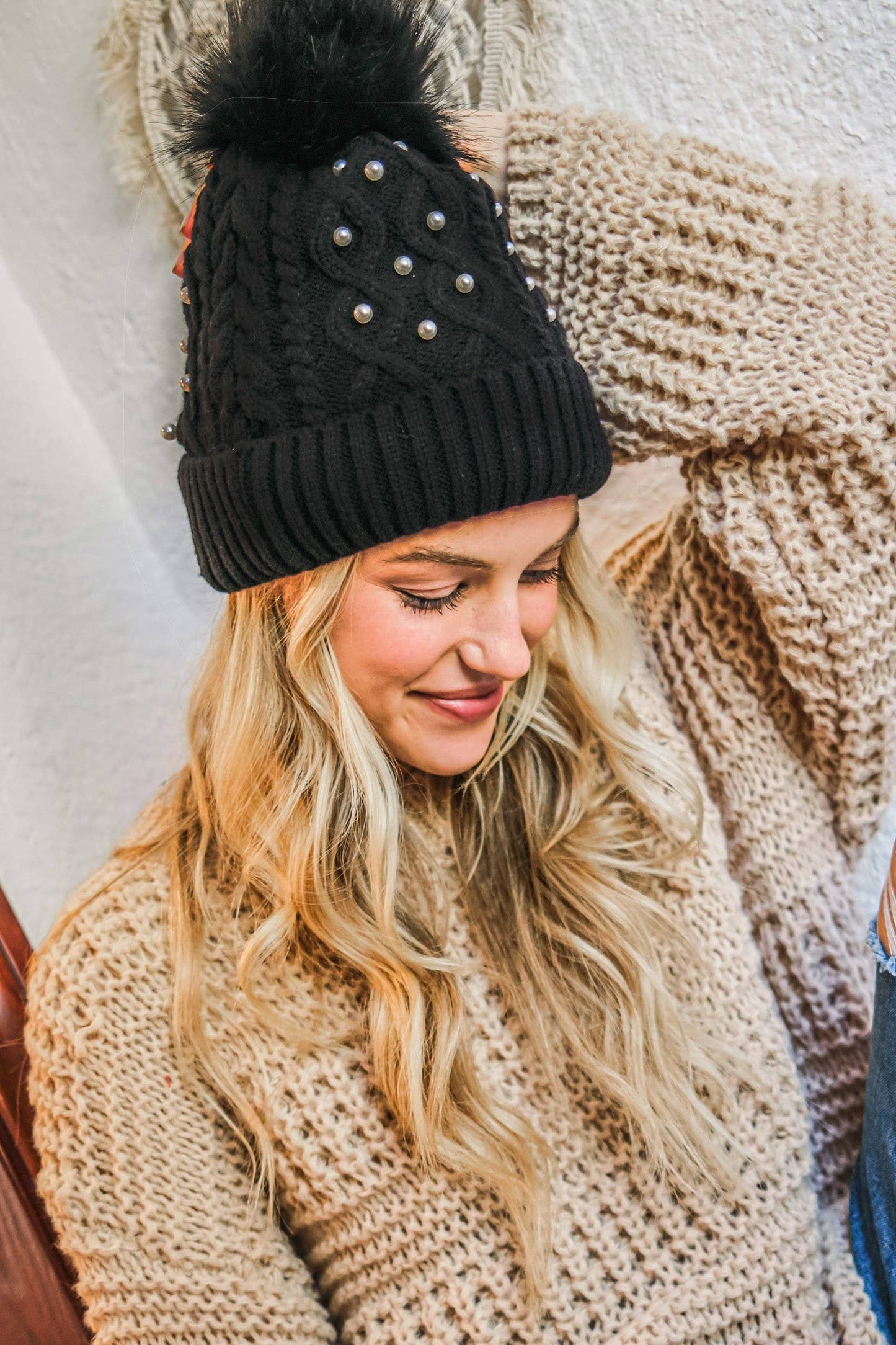 Fur Lined Beanie with Pearl