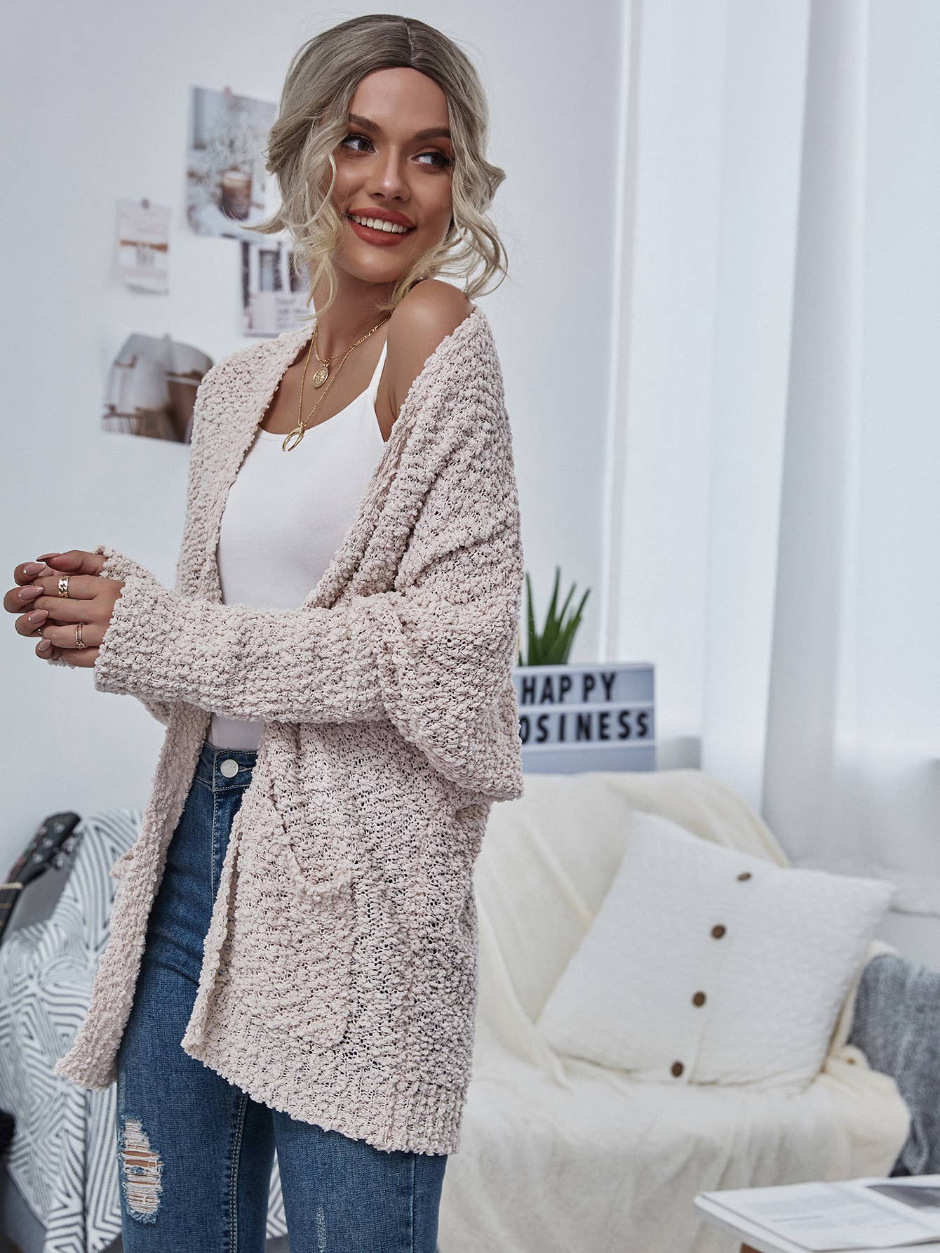 Cream Chunky Cardigan With Pockets