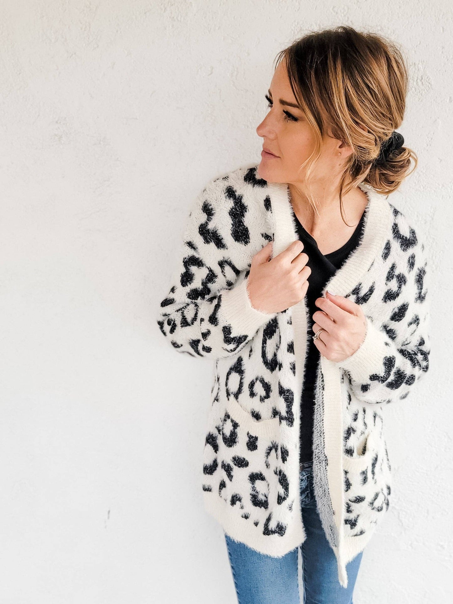 Leapord Cardigan - White on Black