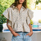 IT2337F | Ruffle Sleeves Pintuck Detail Floral Print Top: SAND/BLUE / S-M-L (2-2-2)