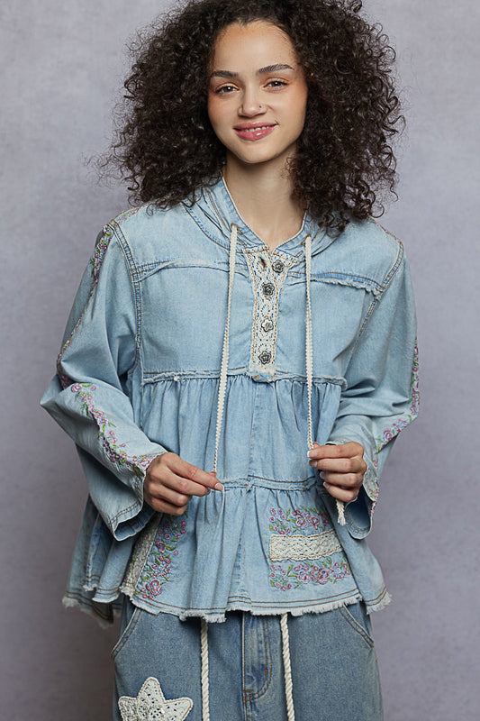Denim Embroidered Hoodie