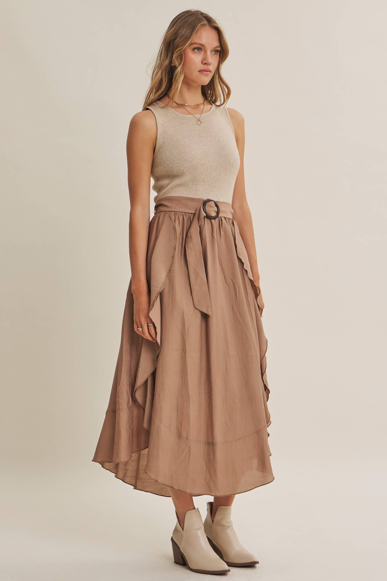 RUSTIC WEEKEND TWOFER MAXI DRESS WITH CASCADING RUFFLES: COCONUT BROWN / S