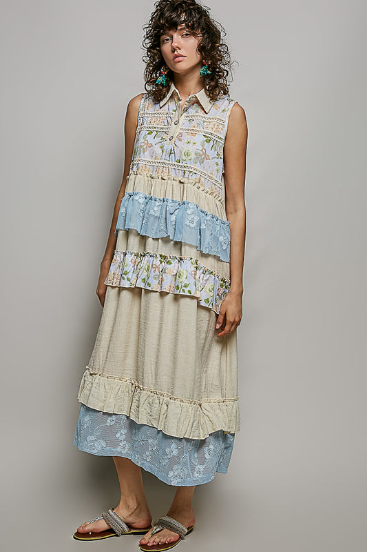 Cream & Blue Collared Midi