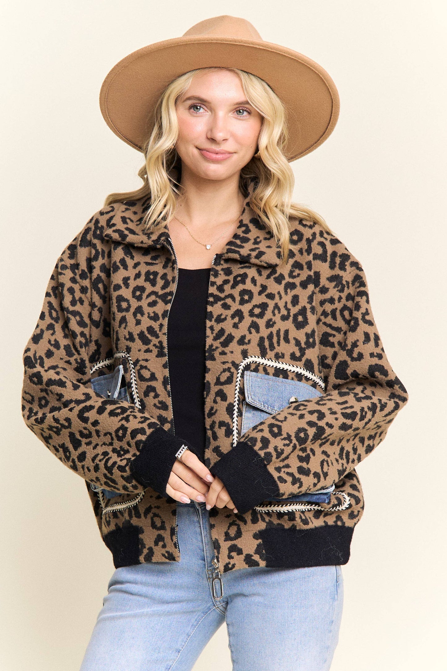 LESW4150-LEOPARD PRINT JACKET WITH DENIM POCKETS: Brown / ONESIZE(6)