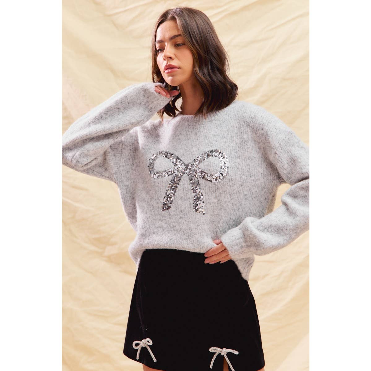RIBBON SEQUINS CHRISTMAS HOLIDAY SWEATER TOP: LT GREY/SILVER / S