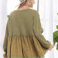 LET3678WN - MINERAL WASHED BABYDOLL TOP: OLIVE / S-M-L(2-2-2)
