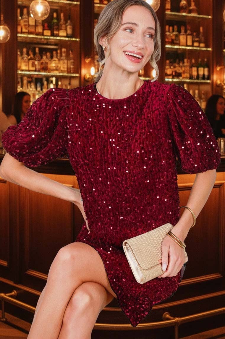 Velvet Sequin Accent Knee Dress VD82073: Grey / L