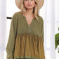 LET3678WN - MINERAL WASHED BABYDOLL TOP: OLIVE / S-M-L(2-2-2)