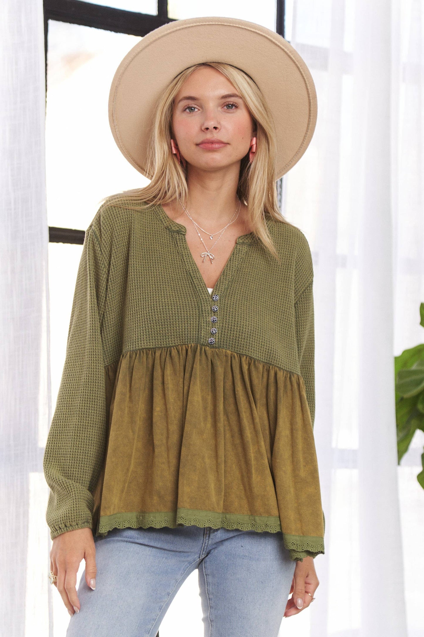 LET3678WN - MINERAL WASHED BABYDOLL TOP: OLIVE / S-M-L(2-2-2)