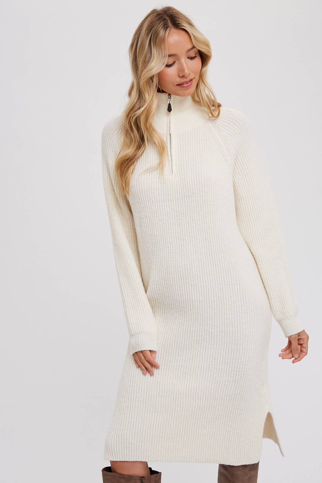 Cream Quarter-Zip Dress