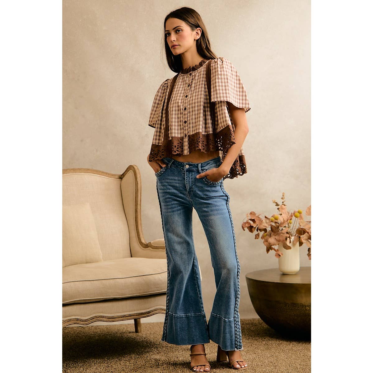 COTTON CHECK LACE TRIM FLUTTER SLEEVES BLOUSE TOP: BROWN / L