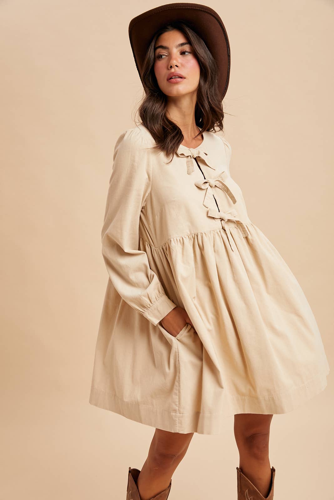 BOW TIE CORDUROY MINI DRESS: OLIVE / S