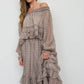 PLAID RUFFLED TIERED HEM MIDI SKIRT: BROWN