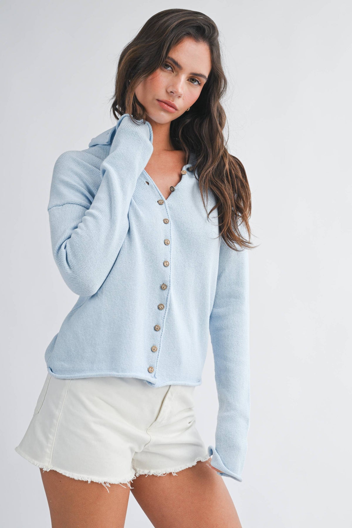 5221HK Button Front Cropped Knit Cardigan: Pink / Contemporary / L