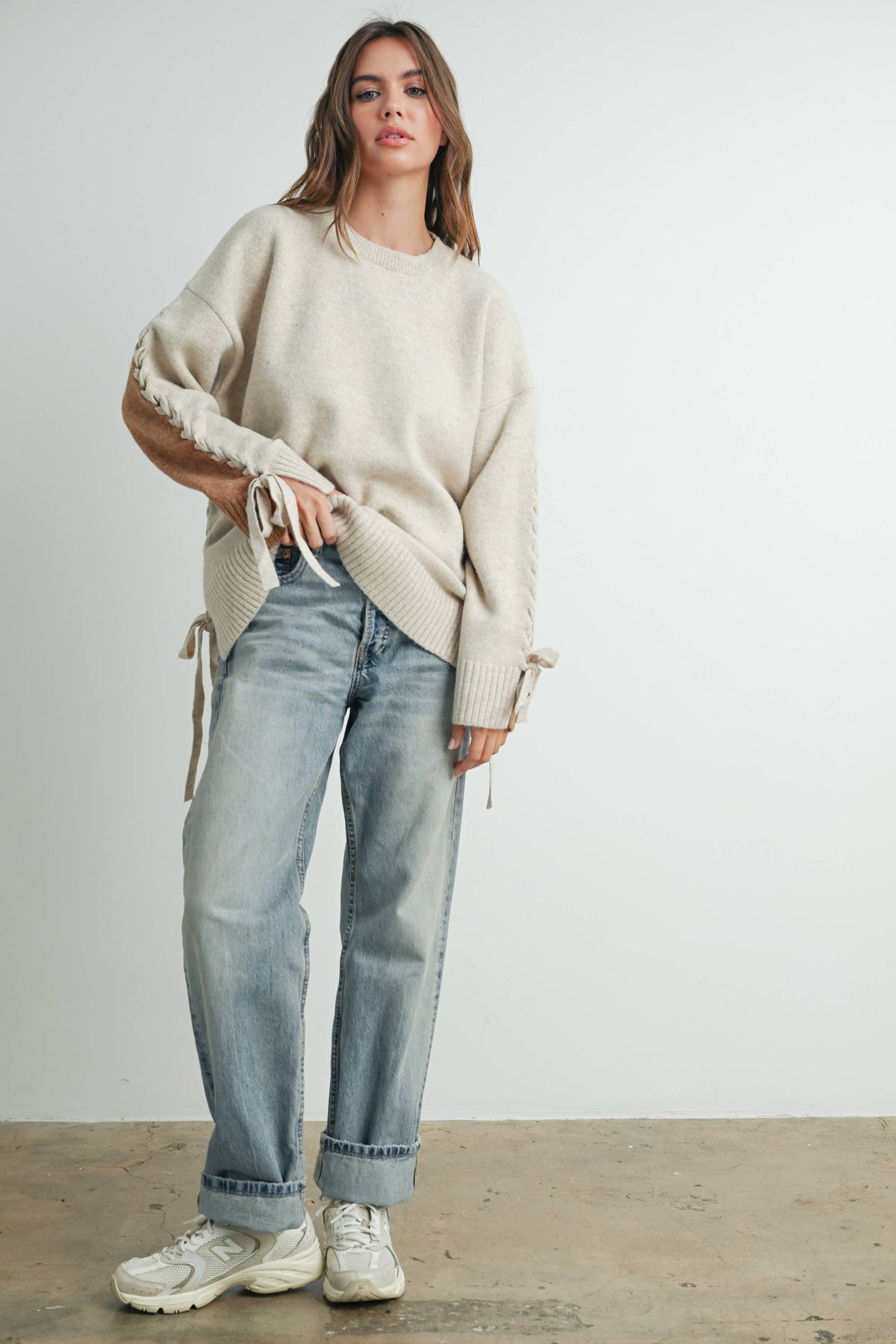 Crew Neck Long Sleeve Pullover Sweater - BMW7587: TAUPE MULTI / L