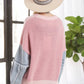 LESW3192 - FRAYED DENIM SLEEVE SWEATER TOP: BLUSH / S-M-L(2-2-2)