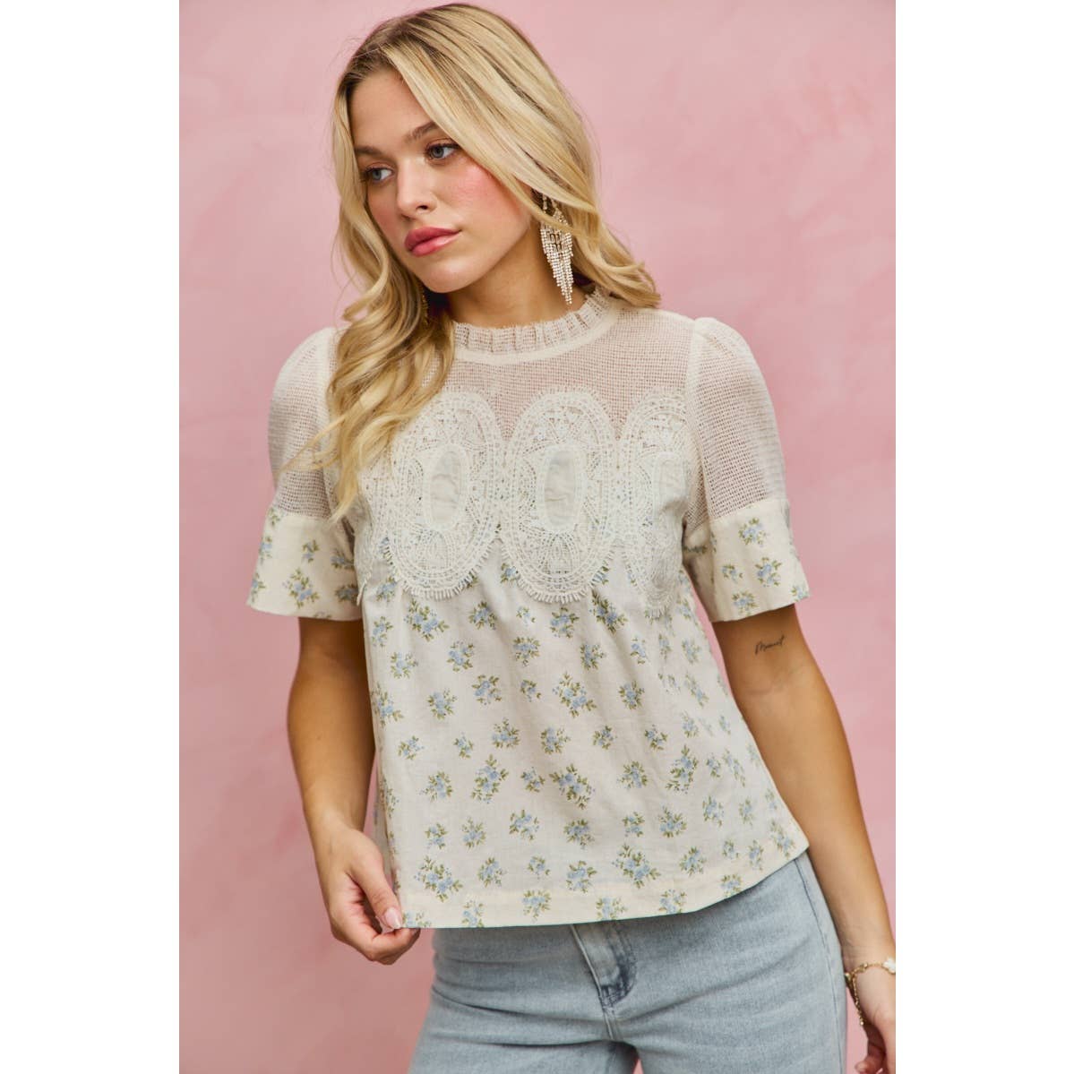 FLORAL PRINT LACE TRIM COTTON BLOUSE TOP: BLUE / S