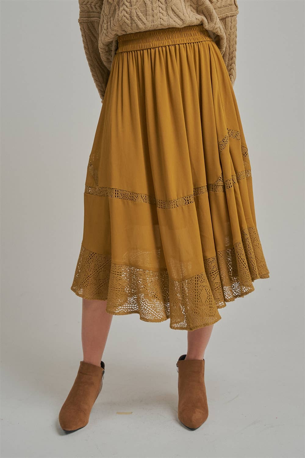 CRINKLED WOVEN BOHO MIDI SKIRT _JLB80101-01: OLIVE / S-M-L(2-2-2)