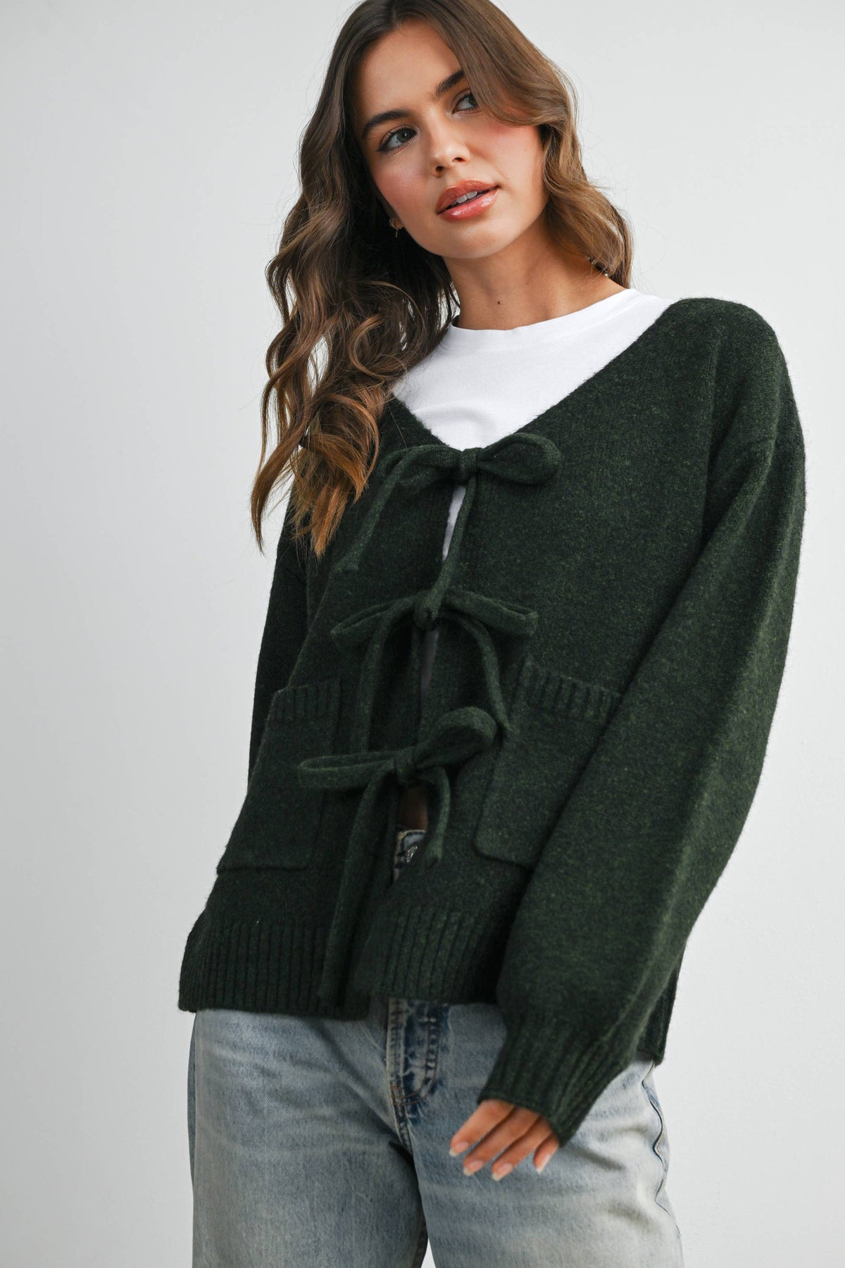 Knot Front Long Sleeve V-Neck Cardigan - BMC7914: TAUPE / M