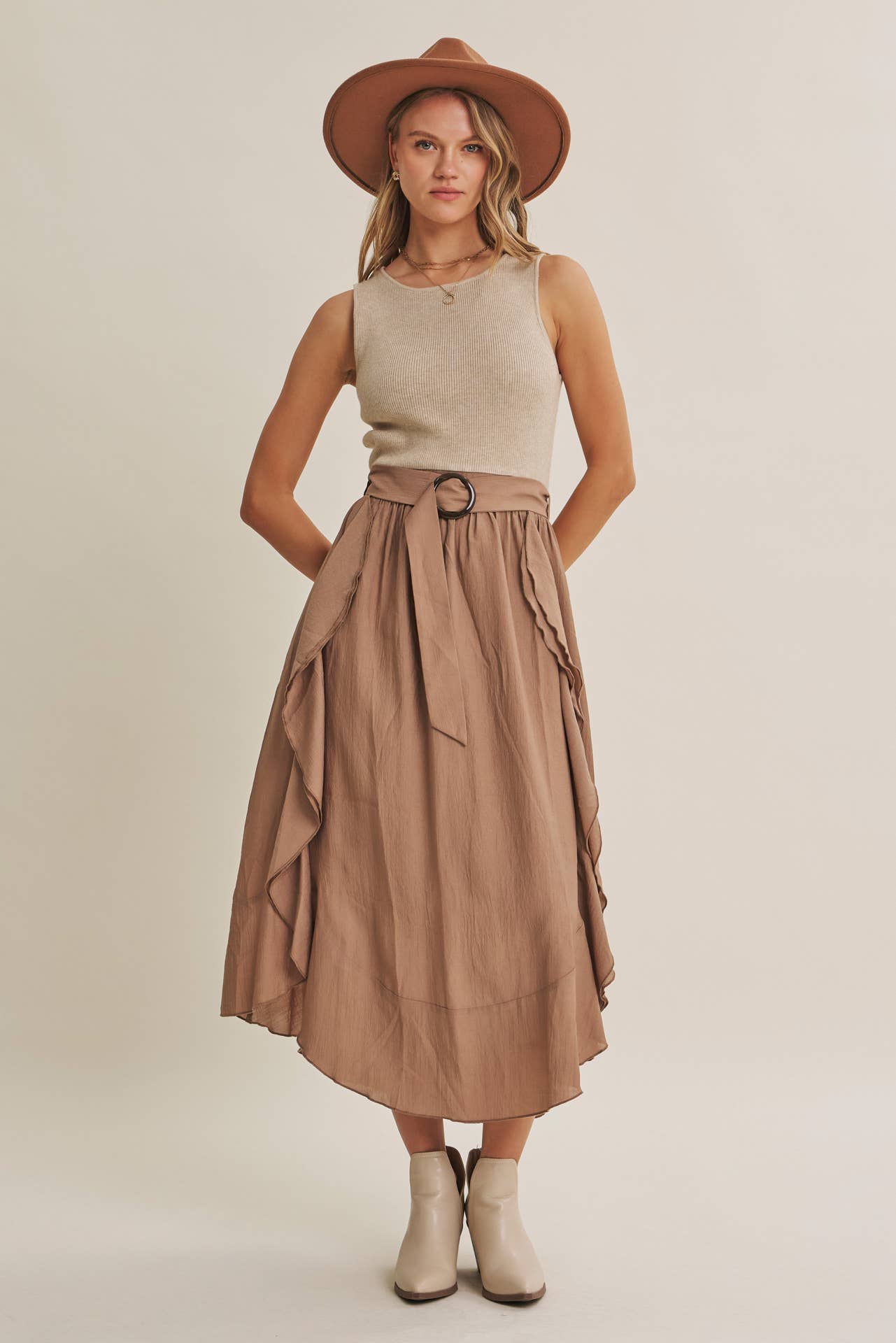 RUSTIC WEEKEND TWOFER MAXI DRESS WITH CASCADING RUFFLES: COCONUT BROWN / S