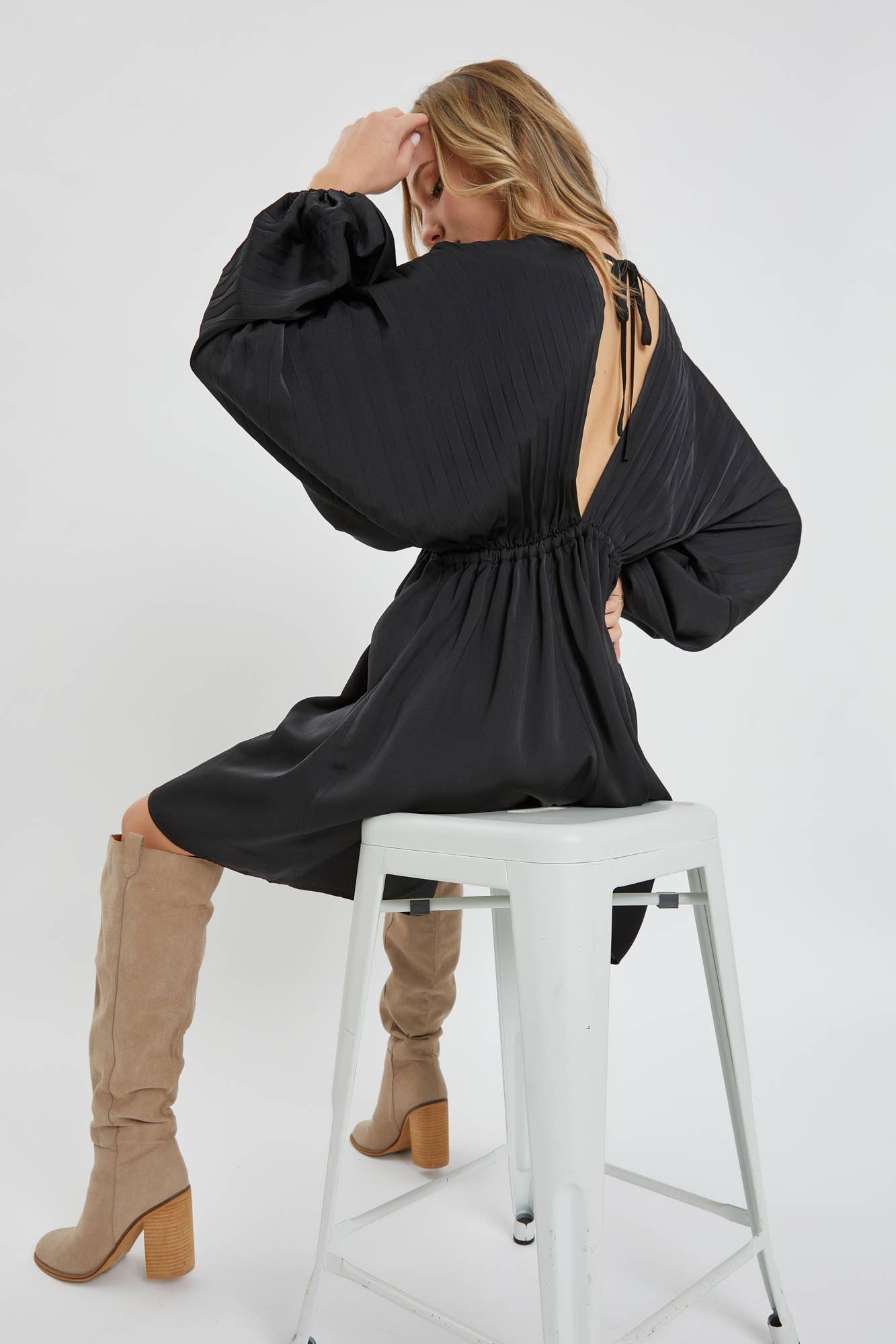 Black Satin V Neck Dress