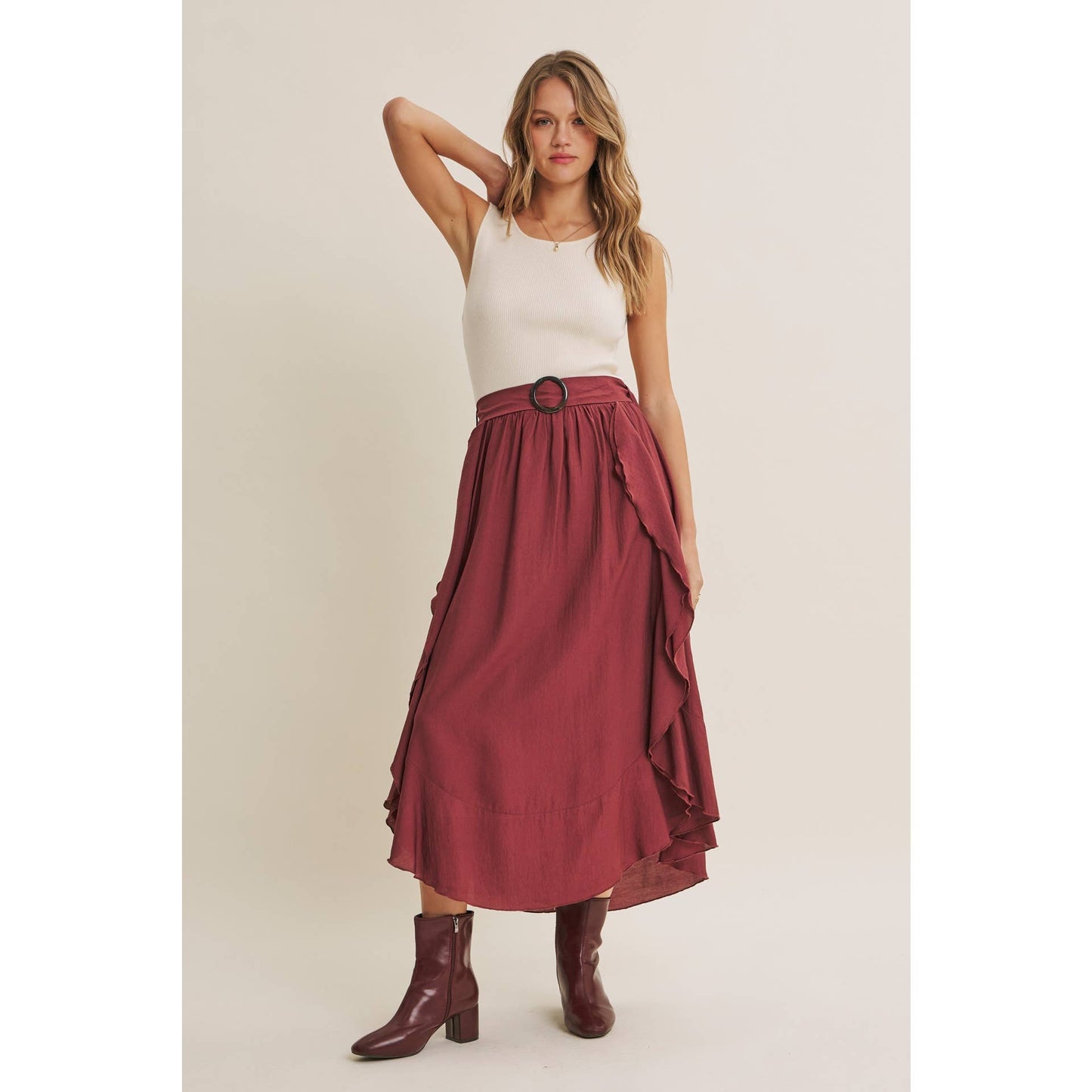 RUSTIC WEEKEND TWOFER MAXI DRESS WITH CASCADING RUFFLES: COCONUT BROWN / S