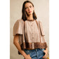 COTTON CHECK LACE TRIM FLUTTER SLEEVES BLOUSE TOP: BROWN / L