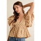 POLKA DOT BUBBLE SLEEVES BACK SMOCKED LINED BLOUSE TOP: BEIGE/WHITE / L