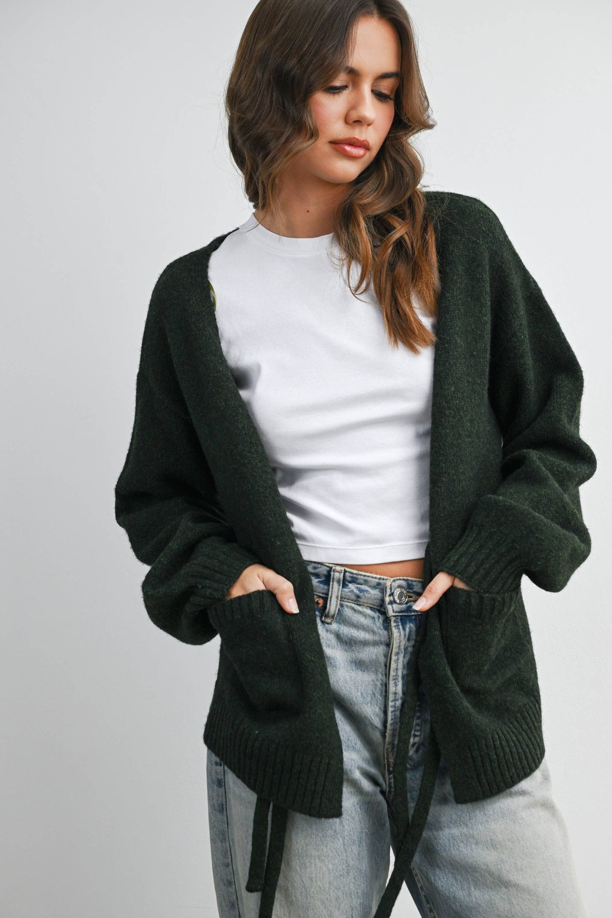 Knot Front Long Sleeve V-Neck Cardigan - BMC7914: TAUPE / S
