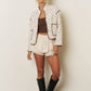 FLORAL PRINT SNAP BUTTON QUILTED JACKET: CREAM