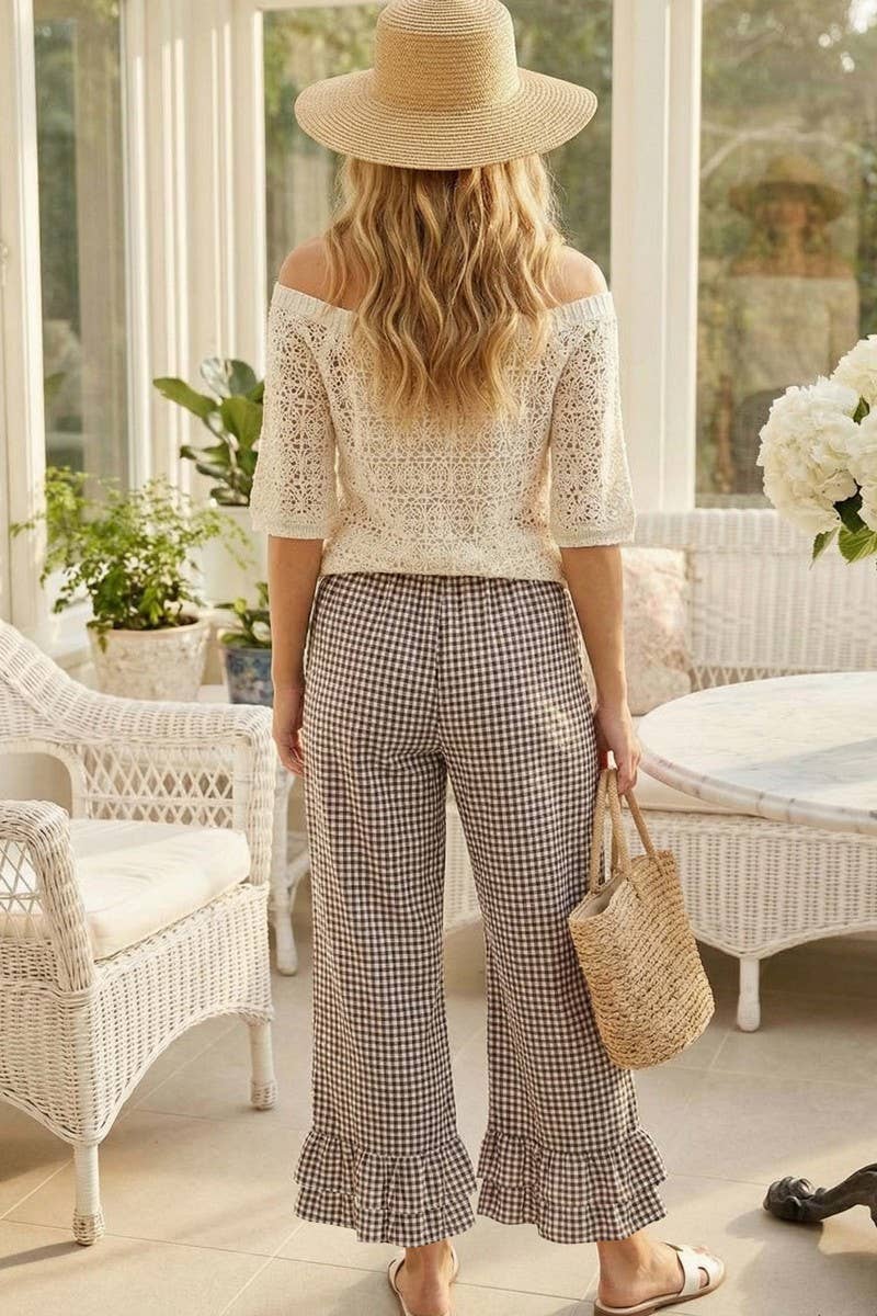 Brown Gingham Ruffled Pants