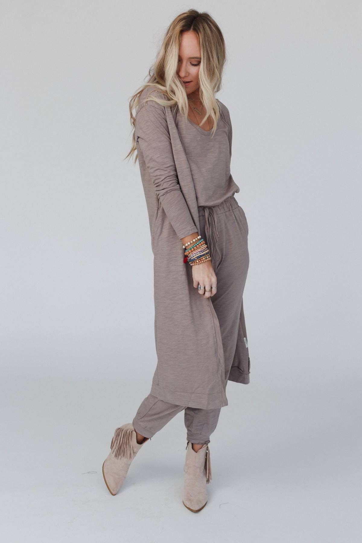 Mocha Jumpsuit & Cardigan Set