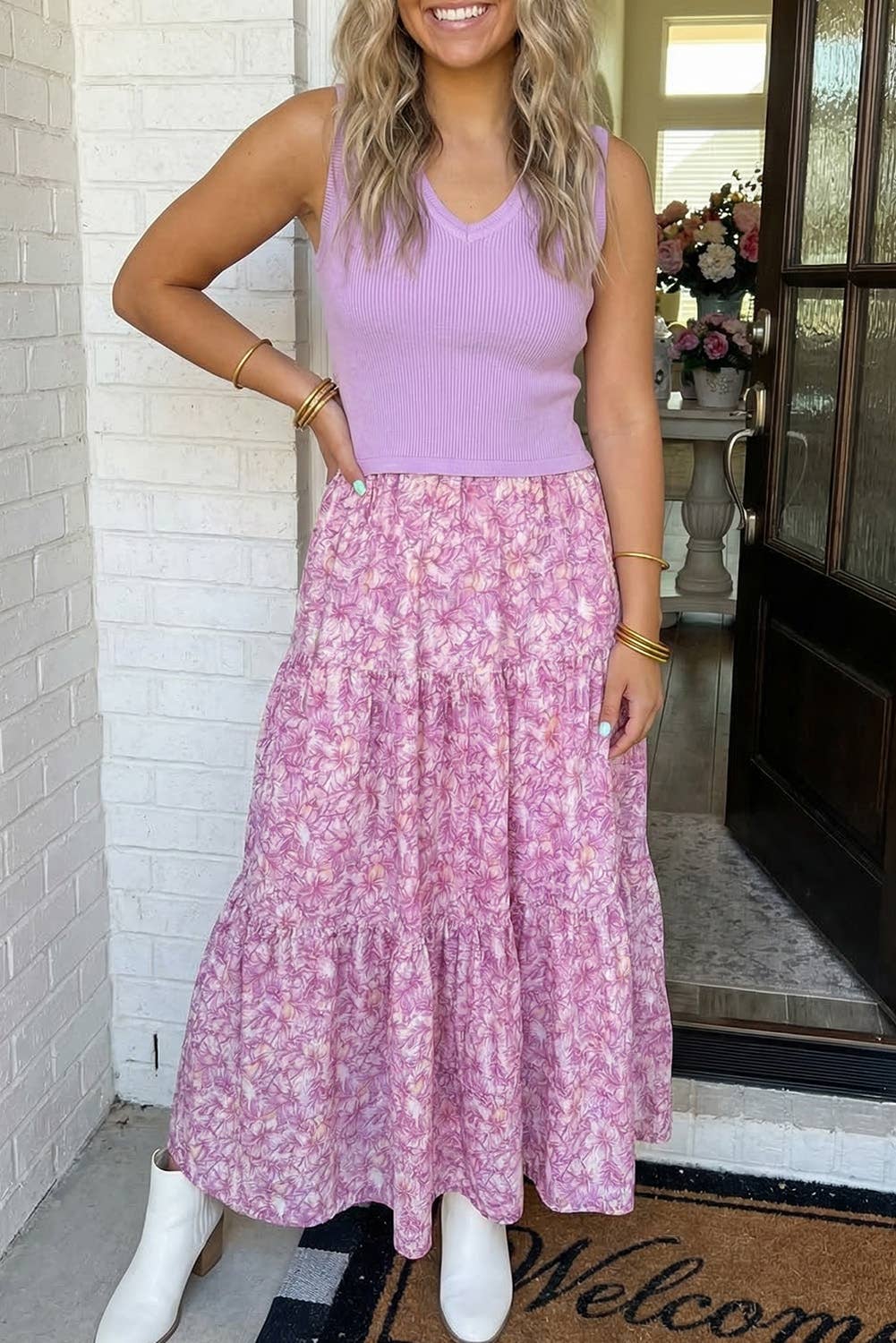 LAS V Neck Ribbed Bodice Floral Tiered Dress (S-XL): Purple / Missy / L