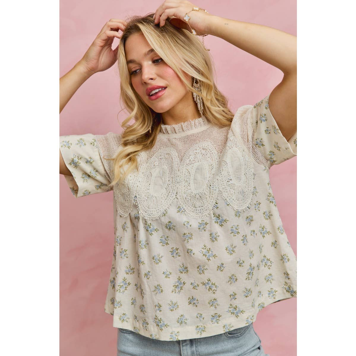 FLORAL PRINT LACE TRIM COTTON BLOUSE TOP: BLUE / S