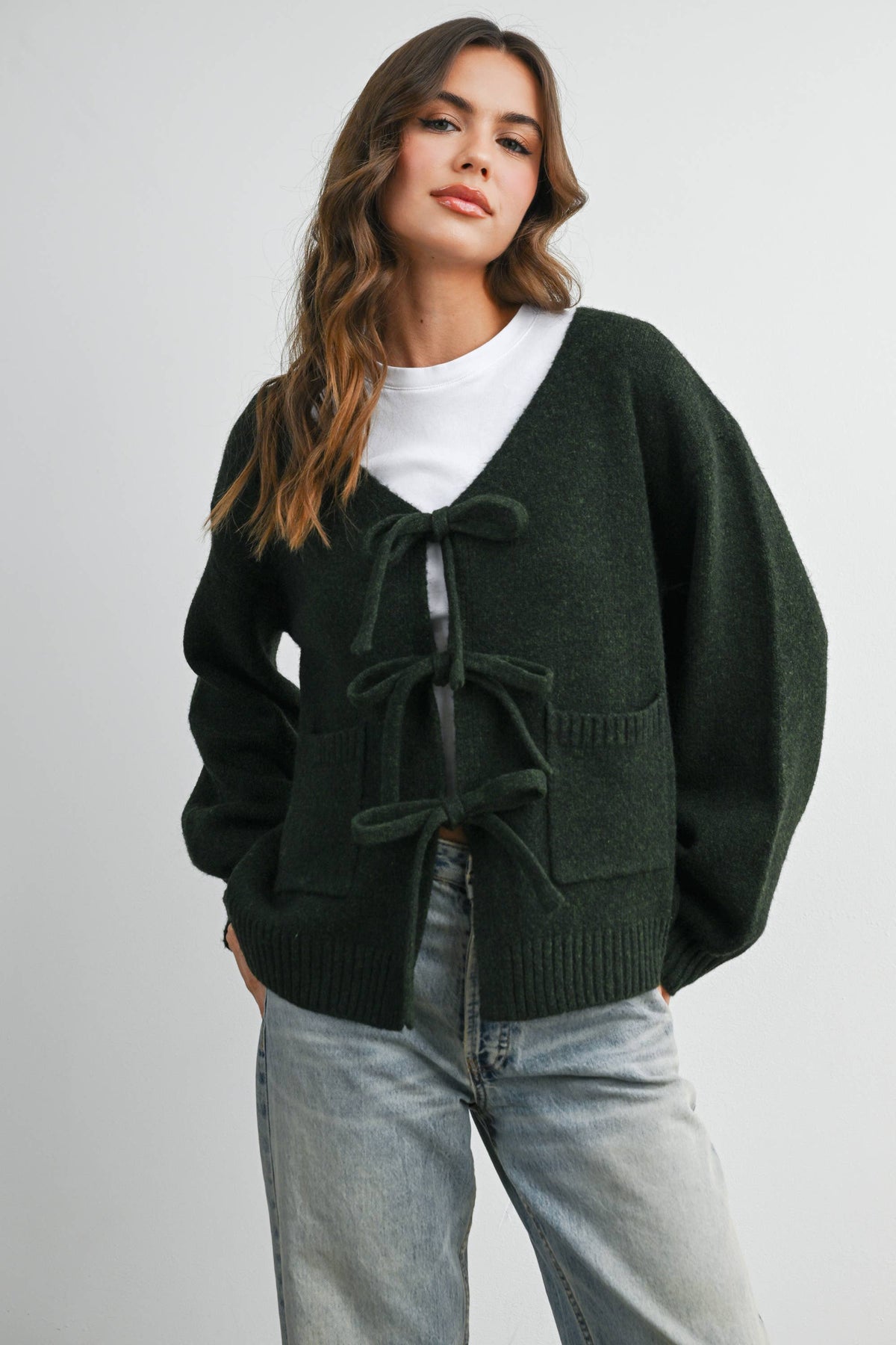 Knot Front Long Sleeve V-Neck Cardigan - BMC7914: TAUPE / M