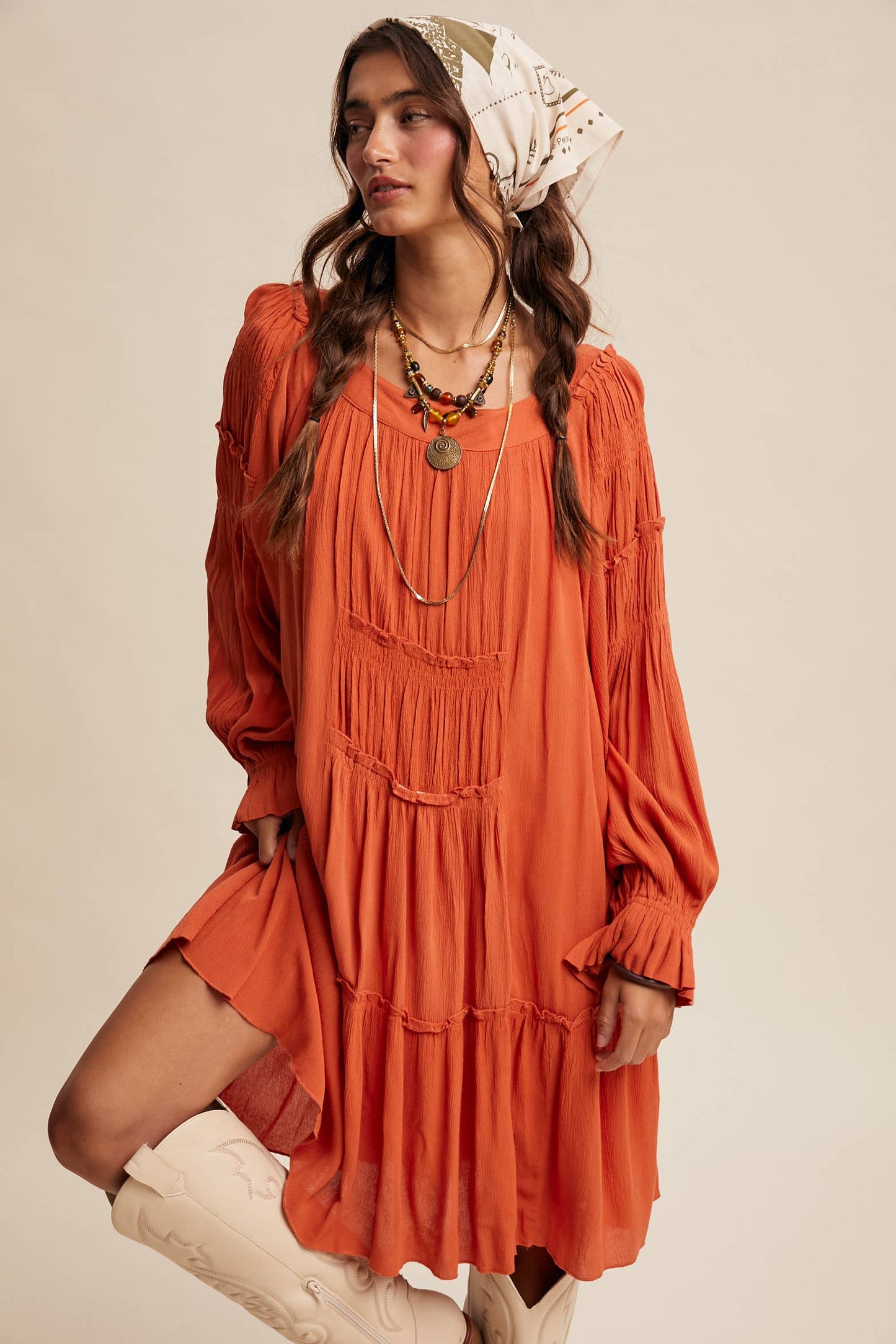 Rust Smocked Tiered Dress