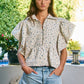 IT2337F | Ruffle Sleeves Pintuck Detail Floral Print Top: SAND/BLUE / S-M-L (2-2-2)