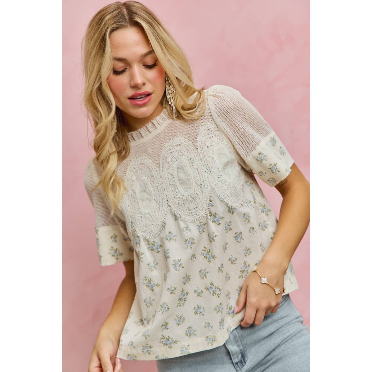 FLORAL PRINT LACE TRIM COTTON BLOUSE TOP: BLUE / S