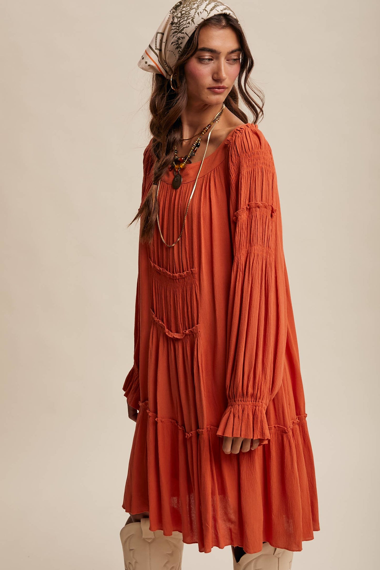 Rust Smocked Tiered Dress