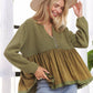 LET3678WN - MINERAL WASHED BABYDOLL TOP: OLIVE / S-M-L(2-2-2)