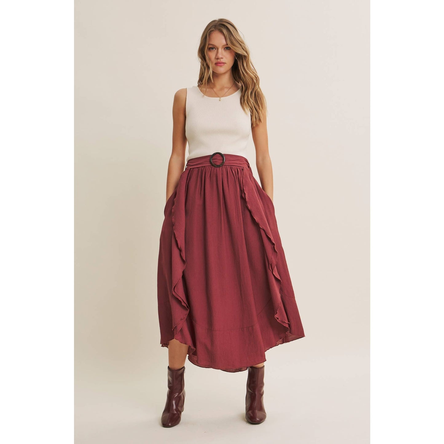 RUSTIC WEEKEND TWOFER MAXI DRESS WITH CASCADING RUFFLES: COCONUT BROWN / S
